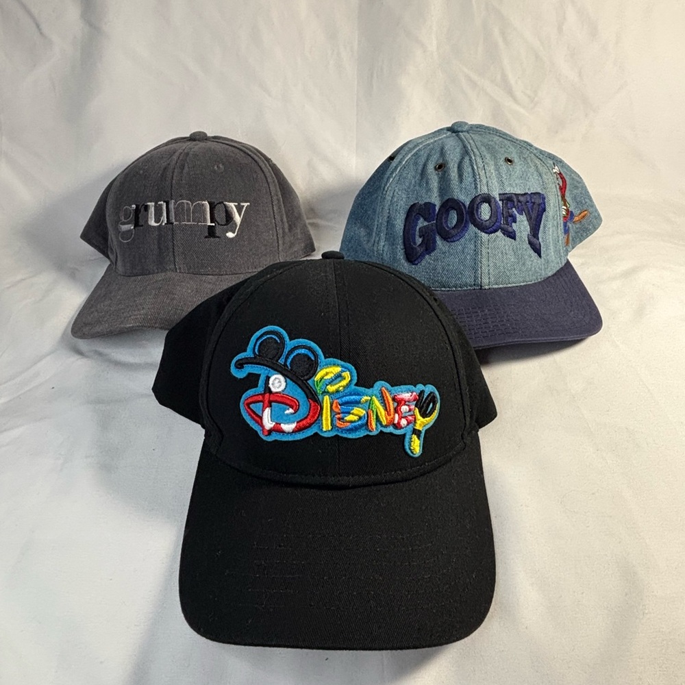 Vintage Disney Lot Of 3 Hats Goofy Grumpy Denim Dad Cap Snap Back Adjustable